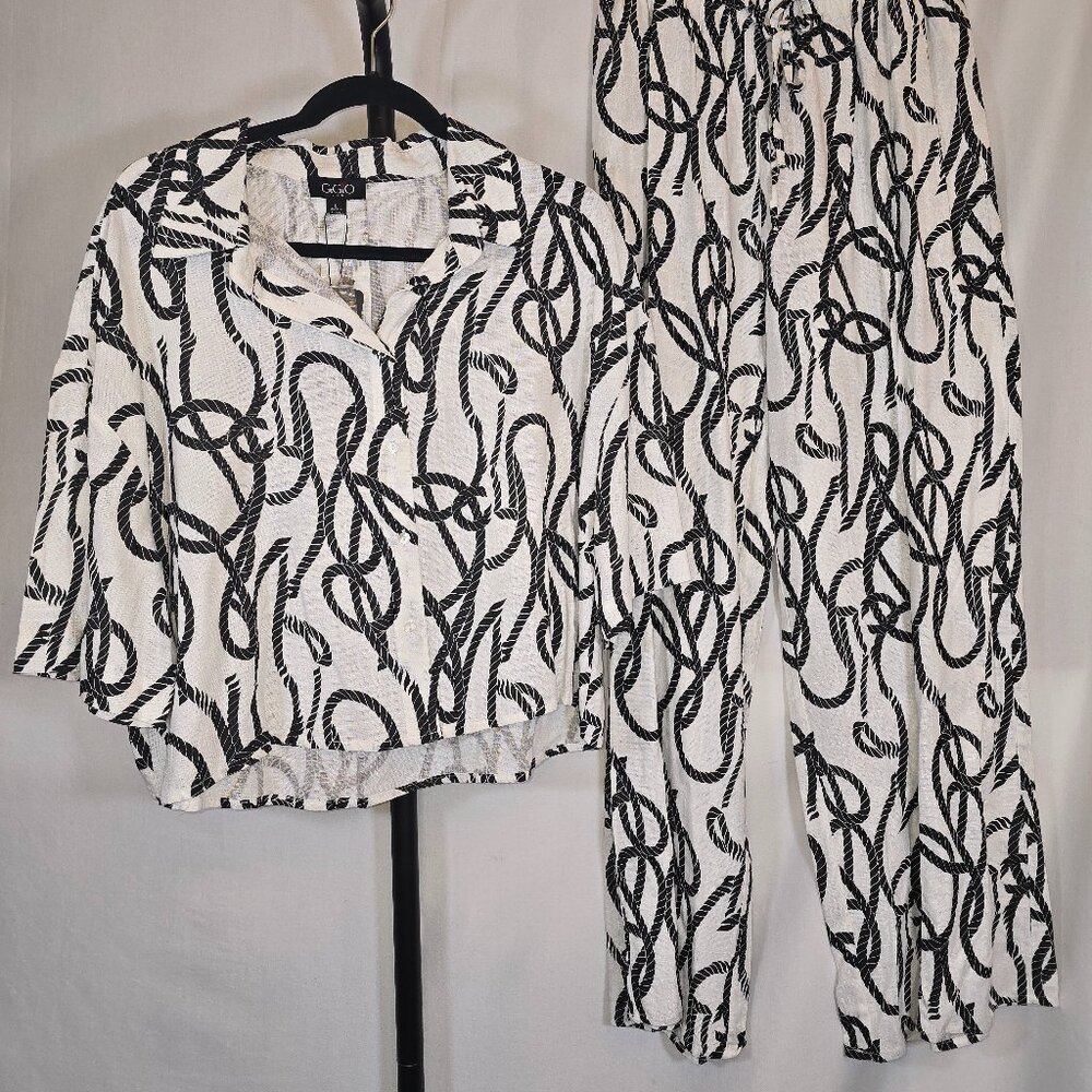 White & Black Rope Print Short Sleeve Flowy Pantsuit - Picture 2 of 3